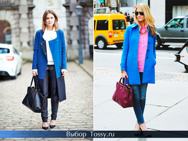 Двухцветное пальто - ярко и темно-синее